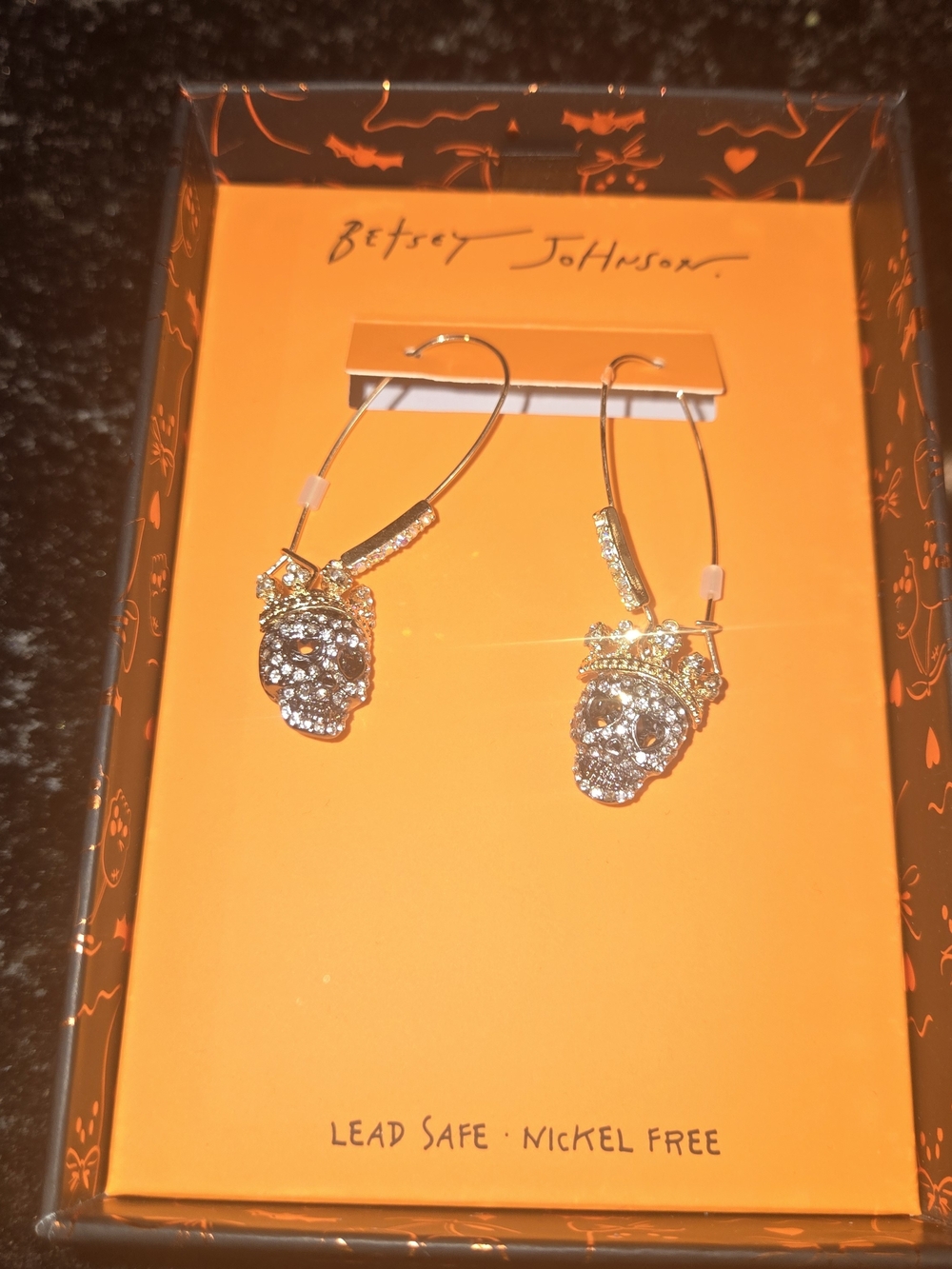 Betsey Johnson Pave Skull Dangle Earrings Silver NWT